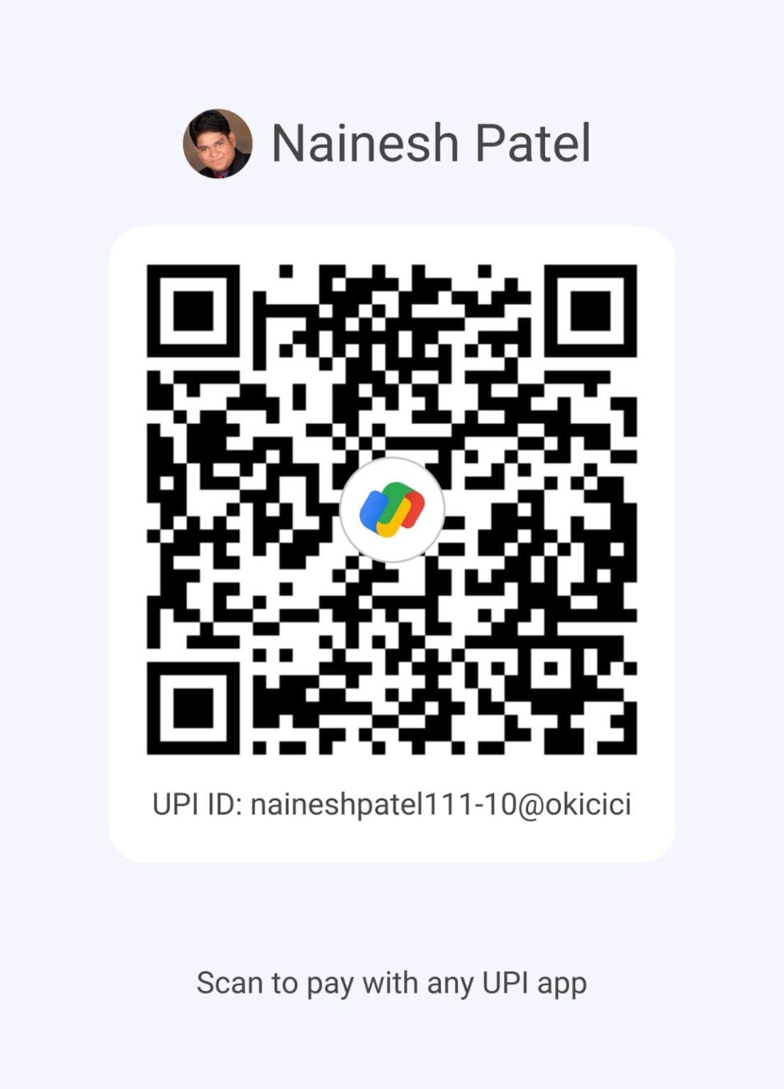 Google Pay UPI QR code — scan to pay Nainesh Patel